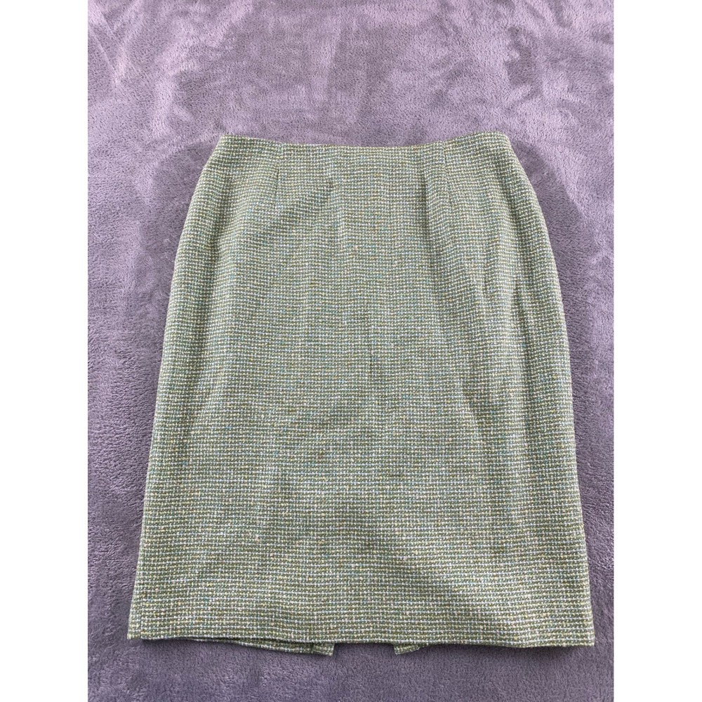 Maggy London Women 8 Green Tweed Silk Blend Pencil Skirt Knee Length Lined 23.5L